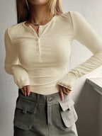 Ribbed Bliss: Women's Button Front Tee THRIXINE