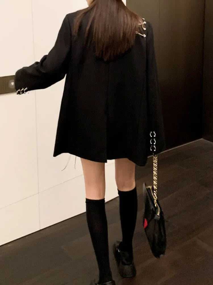 KOSAHIKI Harajuku Women Jackets Black Gothic Punk Hip Hop Solid Vintage Blazer Coats  Chic Chain Loose Jacket Streetwear Lootquake LLC