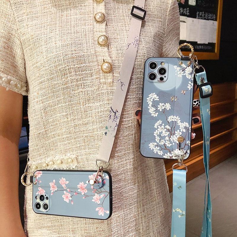 Ultra Luxury Case Cute Flower Design with Ring Kickstand Soft Crossbody Phone Cover for iPhone 13 14 Pro Max Case Fashion Crossbody Shoulder Strap Flower Leaf Phone Holder Cover for iPhone 12 11 X XR XS 7 8 Plus Stevvex