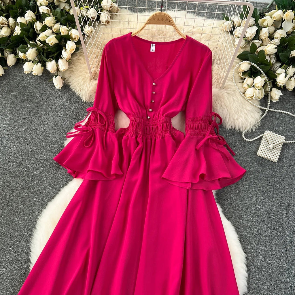 Purple/Green/Red Pleated Maxi Long Dress Women Vintage V-Neck Flare Sleeve Draped Ruffle Vestido Female Maxi Robe Summer Lootquake LLC