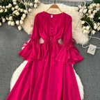 Purple/Green/Red Pleated Maxi Long Dress Women Vintage V-Neck Flare Sleeve Draped Ruffle Vestido Female Maxi Robe Summer Lootquake LLC