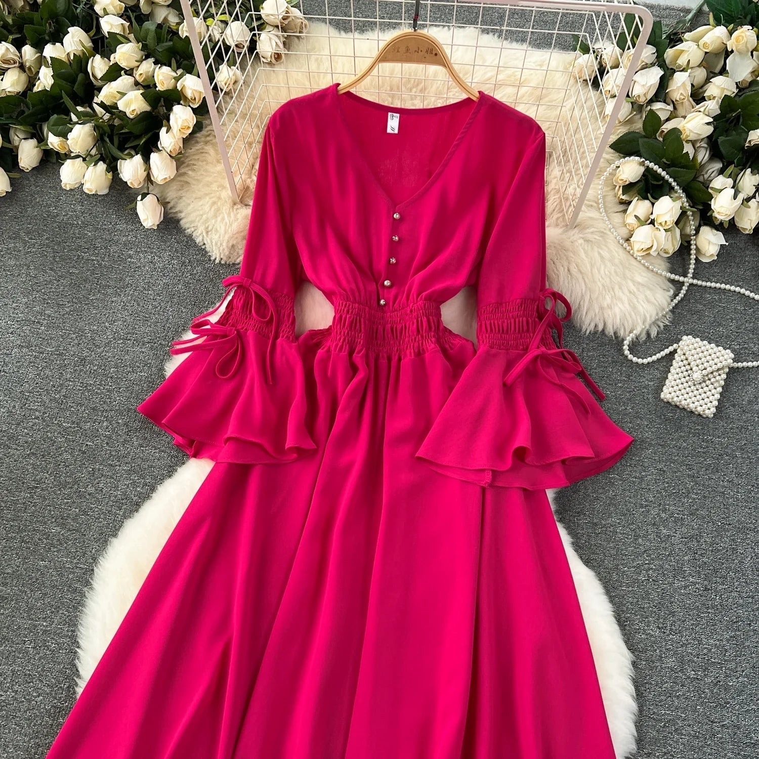 Purple/Green/Red Pleated Maxi Long Dress Women Vintage V-Neck Flare Sleeve Draped Ruffle Vestido Female Maxi Robe Summer Lootquake LLC