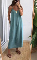 Summer Loose Spaghetti Strap Dresses Women Solid Color V-neck Casual Commuting Sleeveless Long Dress Female Fashion New Vestidos