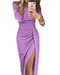 Slit Slash-neck Dress Women Sparkling Slim Long Dress Summer Korean Fashion Dinner Dress Bodycon Solid  Women Dresses Vestidos
