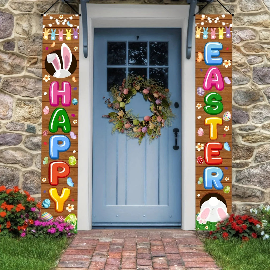 Happy Easter 2PC  Bunny Door Banners Polyester Easter Egg Decorative Flags for Outdoor Indoor Holiday Easter Decoration 2025 Lootquake LLC