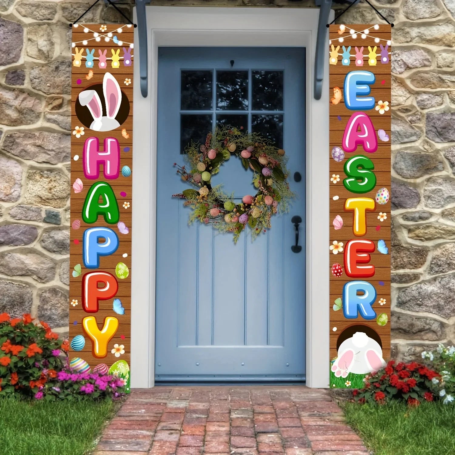 Happy Easter 2PC  Bunny Door Banners Polyester Easter Egg Decorative Flags for Outdoor Indoor Holiday Easter Decoration 2025 Lootquake LLC