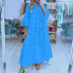 Fitshinling Cotton Long Dress Women Costume Flare Sleeve Slim A-Line Robe Fashion Hollow Out Lace Maxi Dresses Dance Wear