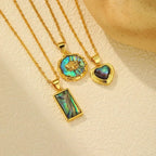 Summer Waterproof Necklace for Women, Nature Abalone Shell Heart Square Round Shape Pendant Statement Jewelry