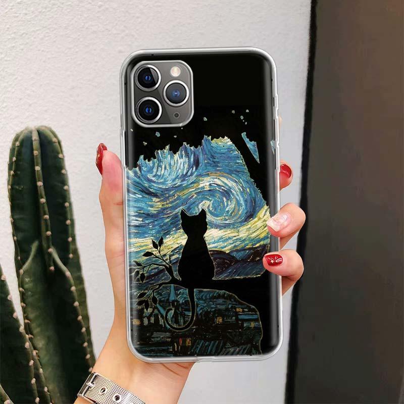 Black Cat Cartoon Cute For Iphone 11 13 14 Pro Max 12 Mini Phone Case X Xs Xr 6 6s 8 7 Plus Se 5 5s Cover Cute Funny Aesthetic Cat Design Pattern Silicone Soft Phone Case Stevvex