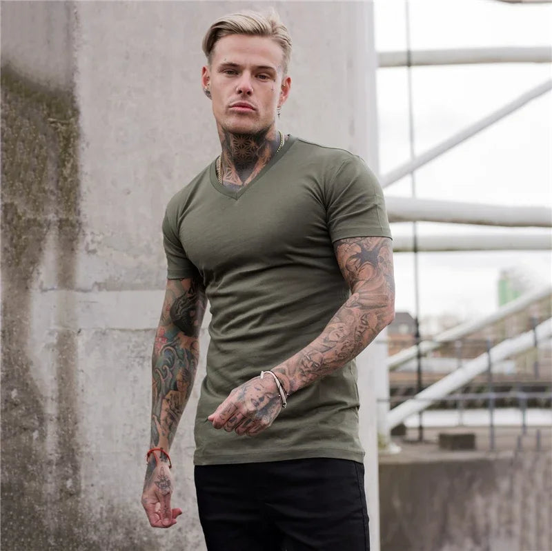 Men Fashion V Neck Short Sleeve Fitness Workout Summer Breathable Cotton - SJB-DIAMOND ELITES