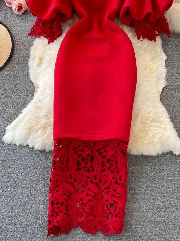 Sexy Hollow Out Lace Bodycon Long Dress Women Elegant Red/Pink/White Off Shoulder Patchwork Maxi Party Vestidos 2021 Autumn New