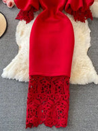 Sexy Hollow Out Lace Bodycon Long Dress Women Elegant Red/Pink/White Off Shoulder Patchwork Maxi Party Vestidos 2021 Autumn New