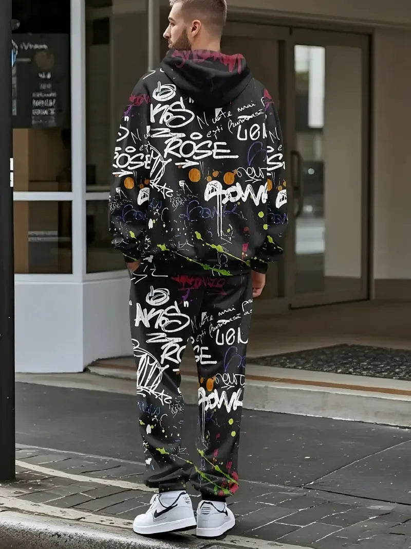 The new men's hoodie set for Spring and Autumn 2025 features a casual fashionable and comfortable 3D graffiti pattern print Pi-Mart