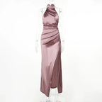 Ladies Summer Satin Evening Birthday Party Dresses Women Sleeveless Backless Halter Side Slit Elegant Long Dress Mowan Clothes