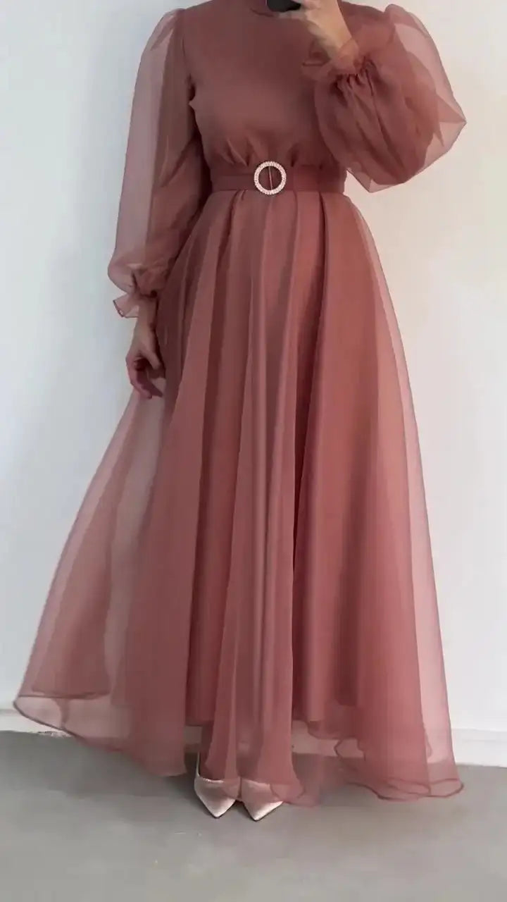 Spring Elegant Mesh Dress Muslim Women Fashion Solid High Waist Mesh Lantern Sleeves Long Dress Women