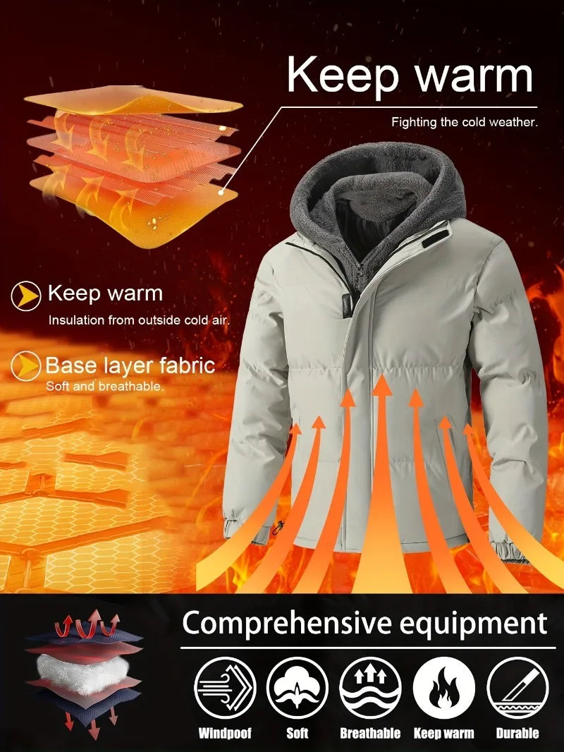 Winter Windproof Men's Faux Jacket Casual Polyester Coat with Detachable Hood Zip-Up Front Long Sleeves & Pockets Winter Clothes Pi-Mart