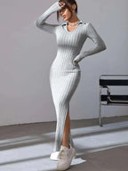 2024 Spring/Summer Knitted Dress Slim Fit Fashion Casual Women's Lapel Long sleeved Dress Concave Stripe Solid Color Long Dress
