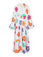 Plus Size New for Summer 2024 Women's Long Sleeve Floral Dress V-Neck Button Long Dress Long Sleeve Button Down Dress