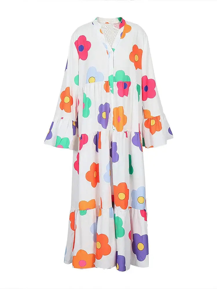 Plus Size New for Summer 2024 Women's Long Sleeve Floral Dress V-Neck Button Long Dress Long Sleeve Button Down Dress