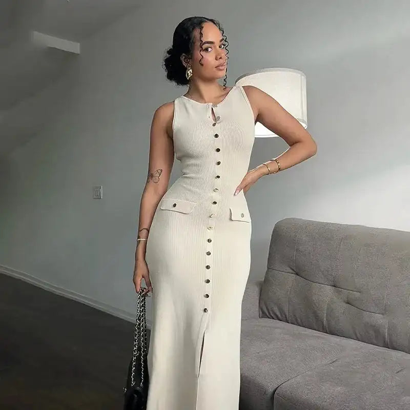 Fashion Knitted Long Dress For Women Elegant Sleeveless Button Maxi Sweater Bodycon Dresses Female Party Fashion Vestidos 2024 N