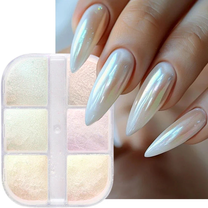 6 Grids Aurora Mirror Nails Powder Aurora Shiny Pearl Chrome Effect Pigments Gel Polish Laser Dust Glitter Manicure Decoration Lootquake LLC