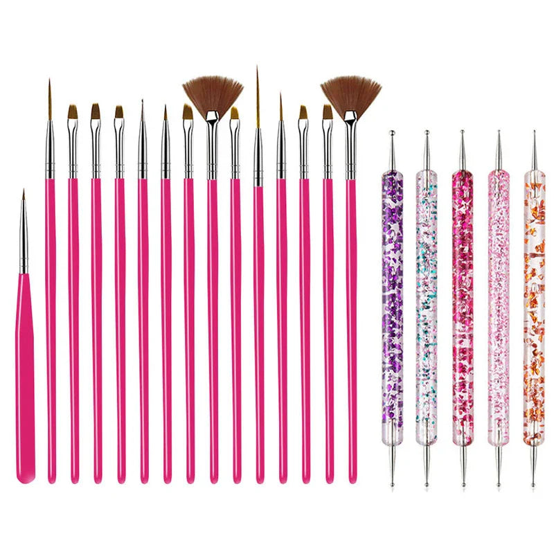 5/20Pcs Nail Art Brush Design Tip Painting Drawing Carving Dotting Pen FlatFan Liner Acrylic Gel UV Polish Manicure Tools