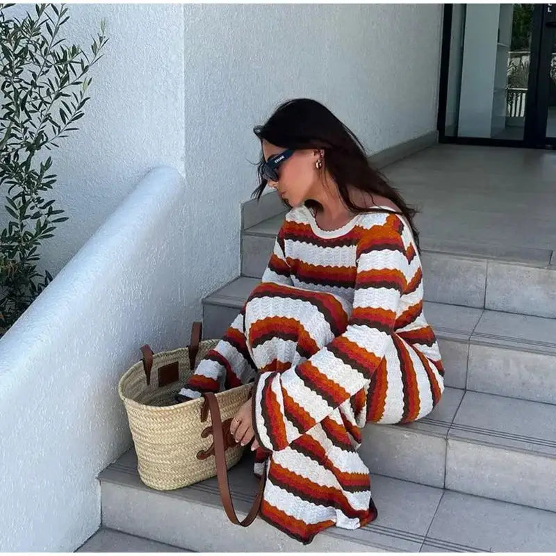 Striped Knitted Long Dress Women O-neck Backless Hollowed Out Long Sleeves Lady Bodycon Dress 2024 Spring Summer Vacation Robe