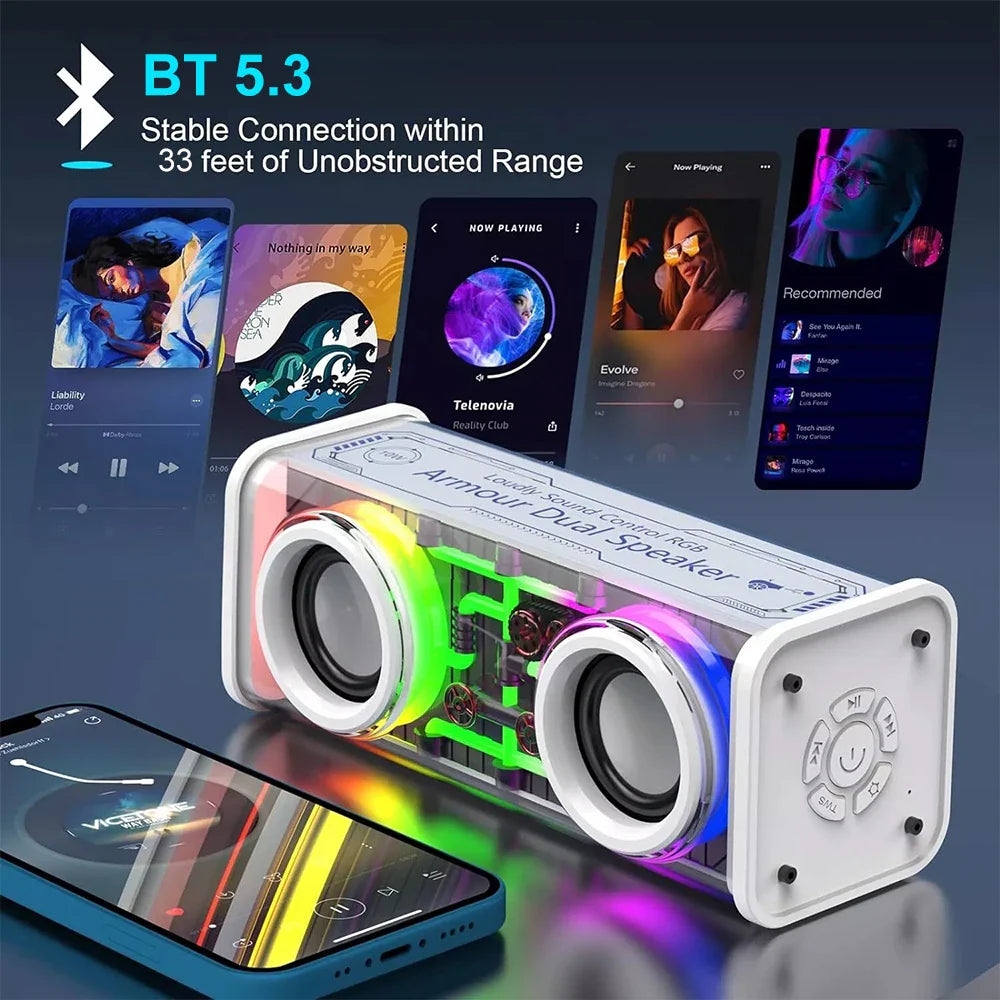 Bluetooth 5.0 Dual Speakers Wireless RGB1800mAh Transparent Mecha Speakers  Light Effect Loudspeaker Bass Subwoofer Mini Speaker Lootquake LLC