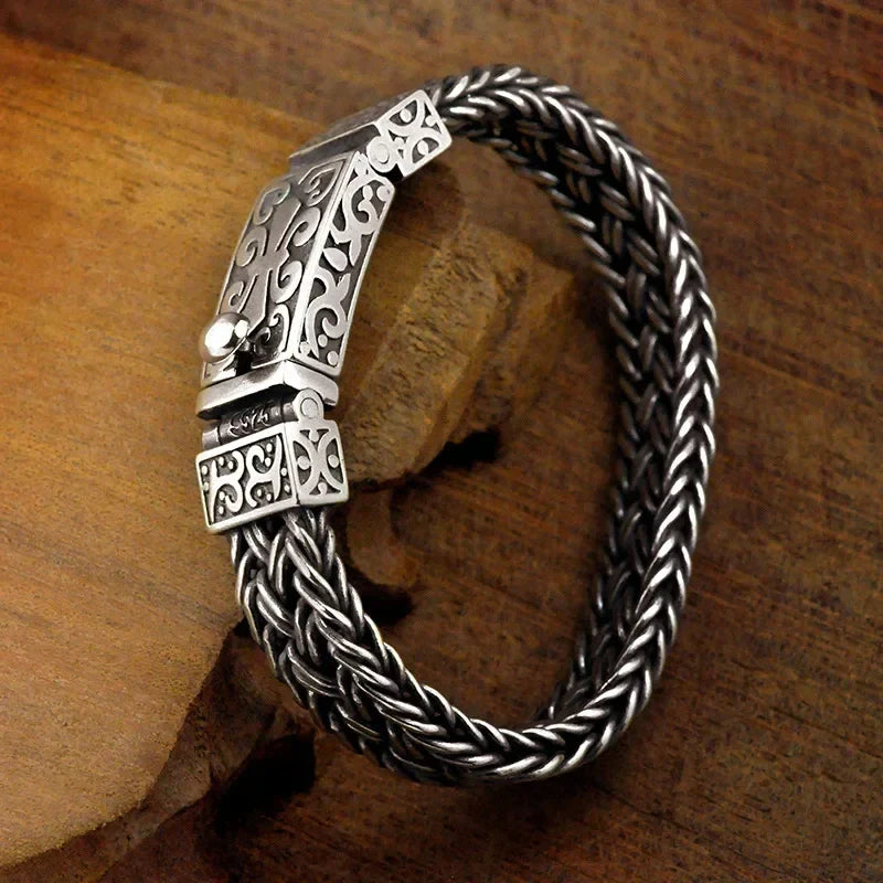 Powerful S925 pure silver vintage pattern woven bracelet, suitable for both men and women, fashionable jewelry gift for everyone Pi-Mart