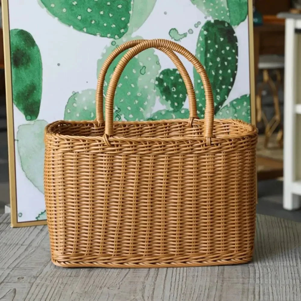 Home Storage Organizer Rattan Woven Basket With Handle Portable Picnic Basket Handwoven Rectangular Flower Basket Fruit Lootquake LLC
