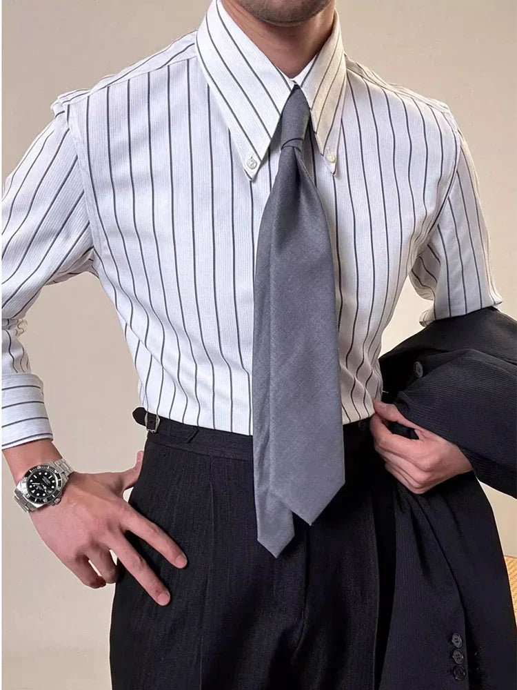 Vintage Striped Printed Slim Shirts Mens Casual Long Sleeve Lapel Buttoned Shirt 2025 Spring Fall Mens Shirt Naple Style Clothes Lootquake LLC