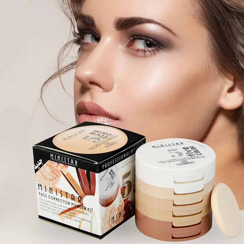 Concealer Contouring Powder, 5 Color 5 Decked Powder Tower, Brightening Skin Tone,Oil Control Makeup Loose Powder Setting Powder Lootquake LLC