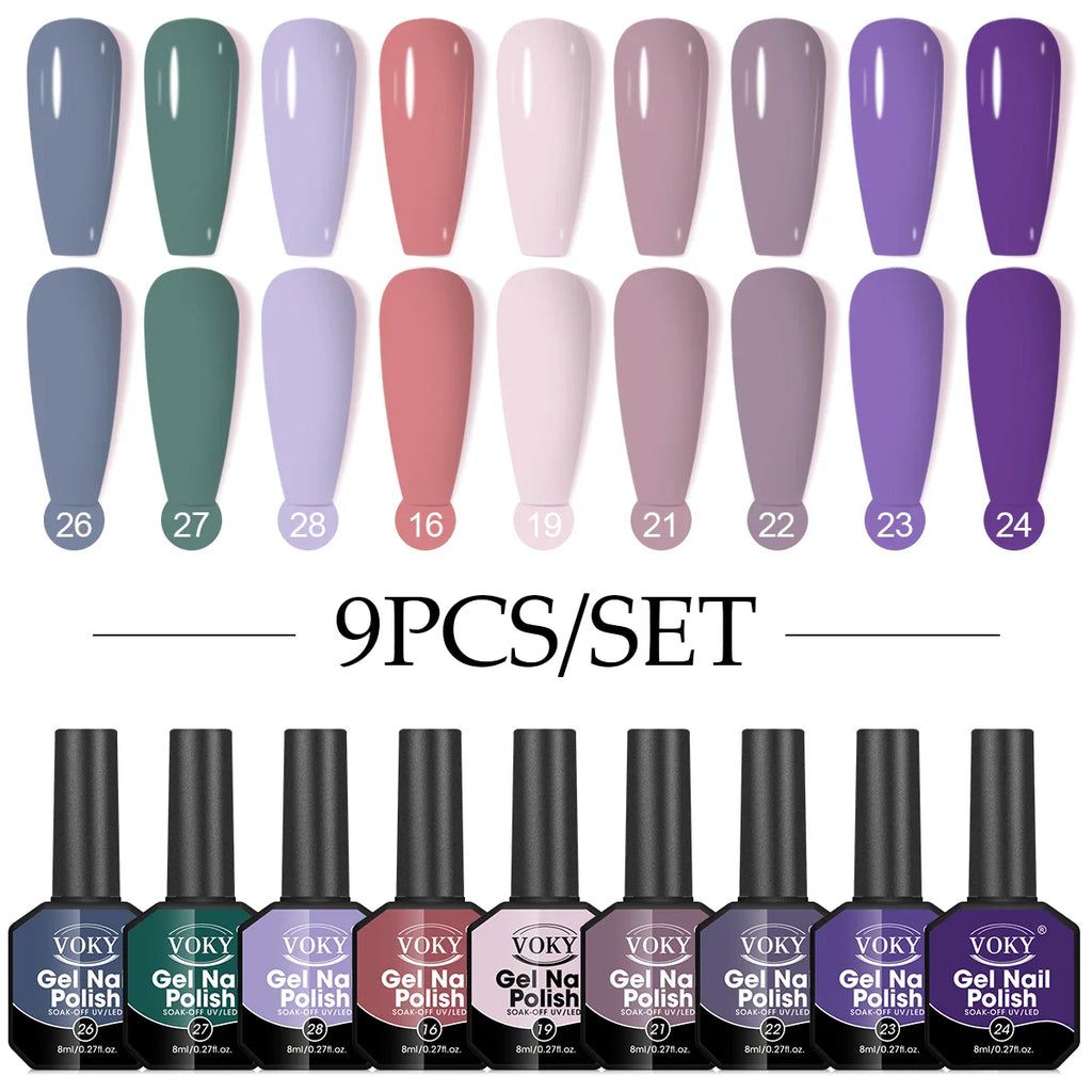 Gel Nail Polish Set, 9-piece, hypoallergenic, fragration-free, washable, advanced gel formulation for home nail and salon use