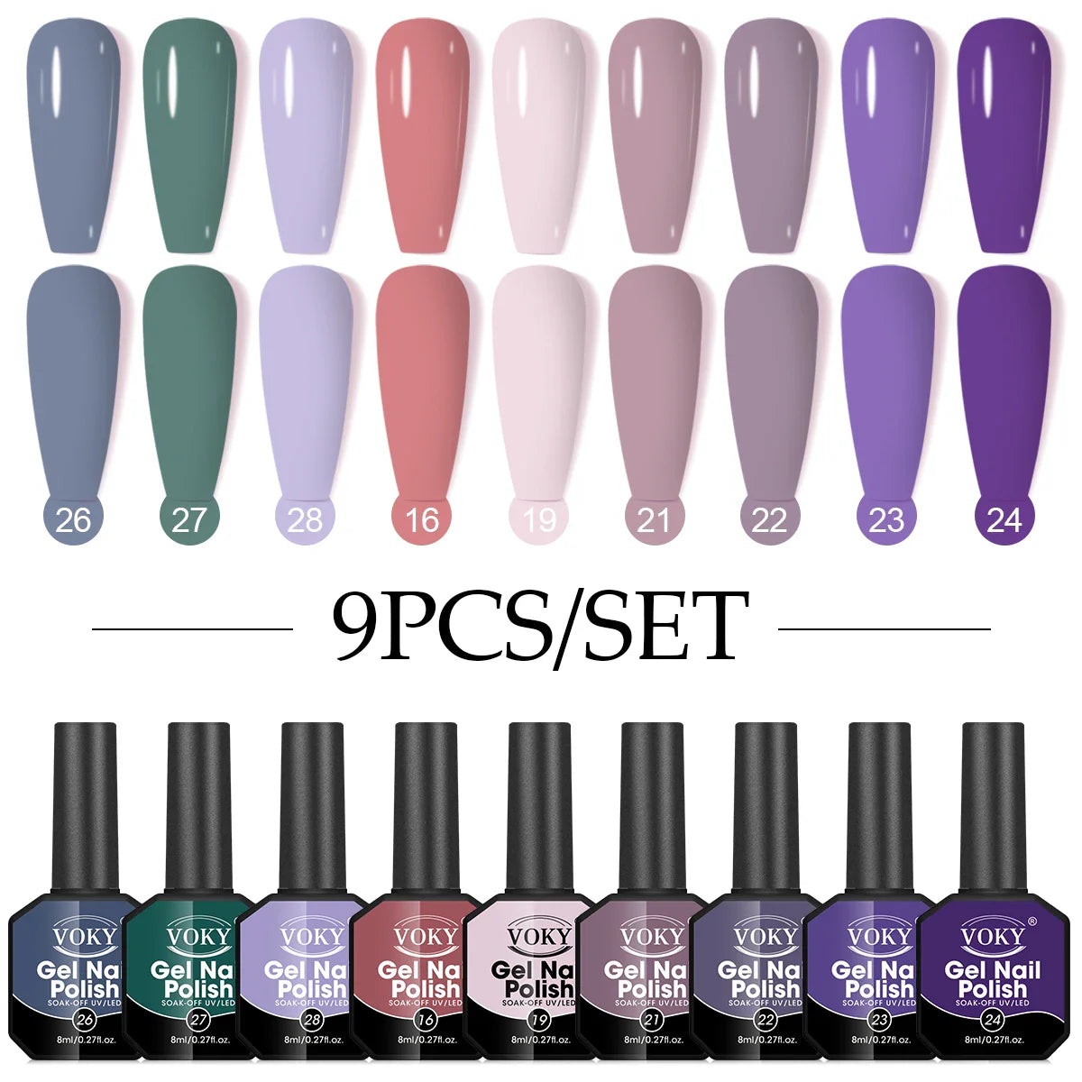 Gel Nail Polish Set, 9-piece, hypoallergenic, fragration-free, washable, advanced gel formulation for home nail and salon use