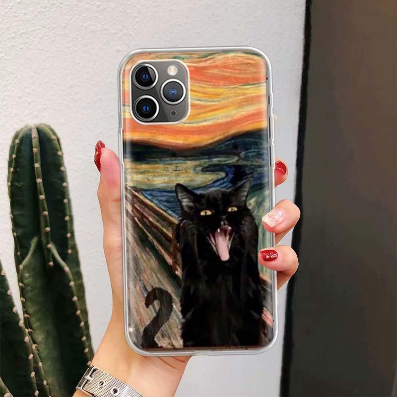 Black Cat Cartoon Cute For Iphone 11 13 14 Pro Max 12 Mini Phone Case X Xs Xr 6 6s 8 7 Plus Se 5 5s Cover Cute Funny Aesthetic Cat Design Pattern Silicone Soft Phone Case Stevvex