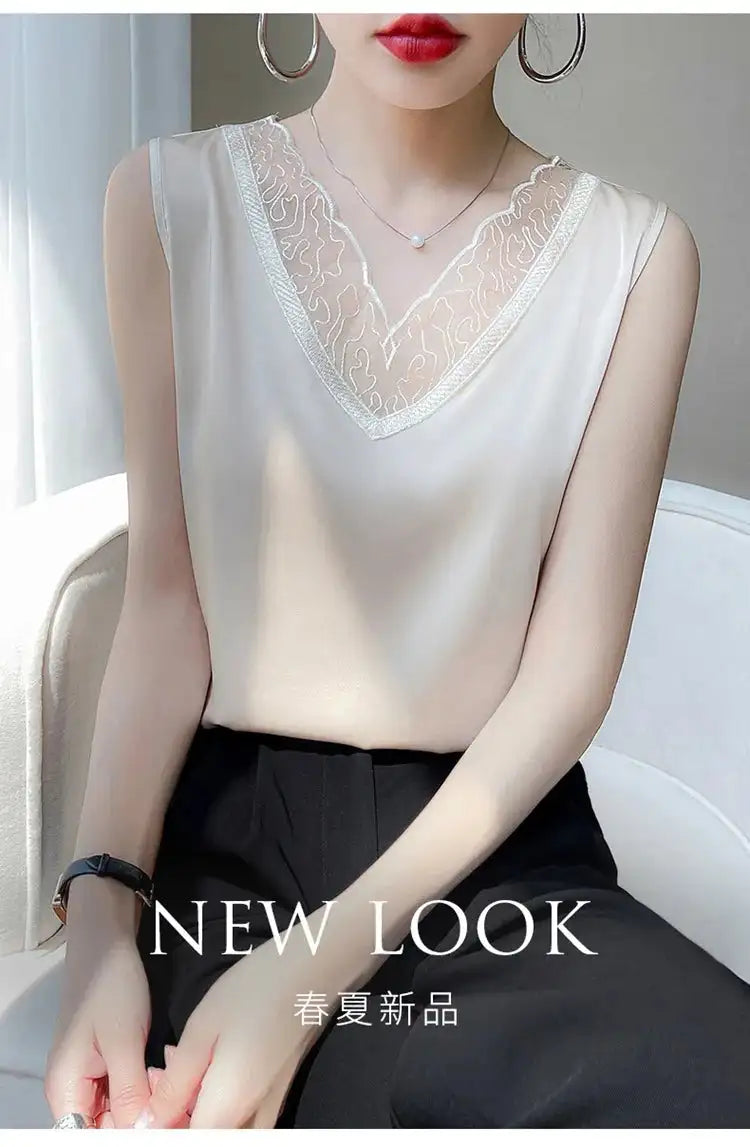 new woman clothing vest camis Tank top women's suit bottom lace lining 2024 summer new silk satin sleeveless top suspender vests