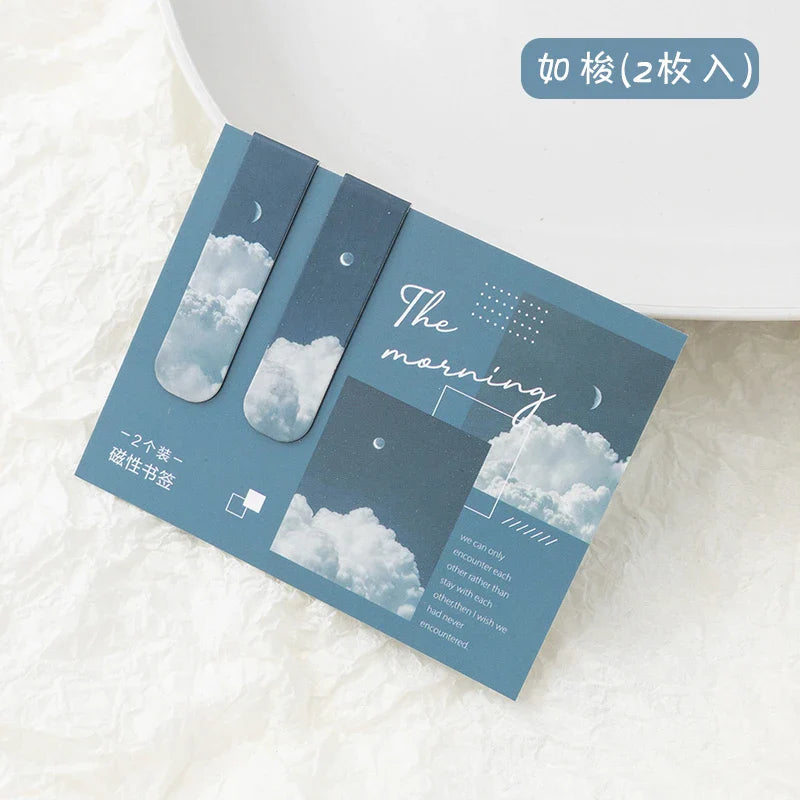JIANQI 2pcs/pack Magnetic bookmark beautiful scenery clouds simple literary pattern bookmark Reading tool School office supplies Lootquake LLC