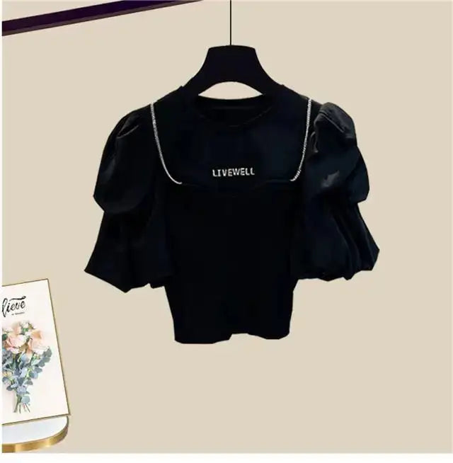 Spring/Summer Set Women's New Korean Edition Sweet and Spicy Bubble Sleeve Spliced Top Age Reducing Half Skirt Two Piece Set