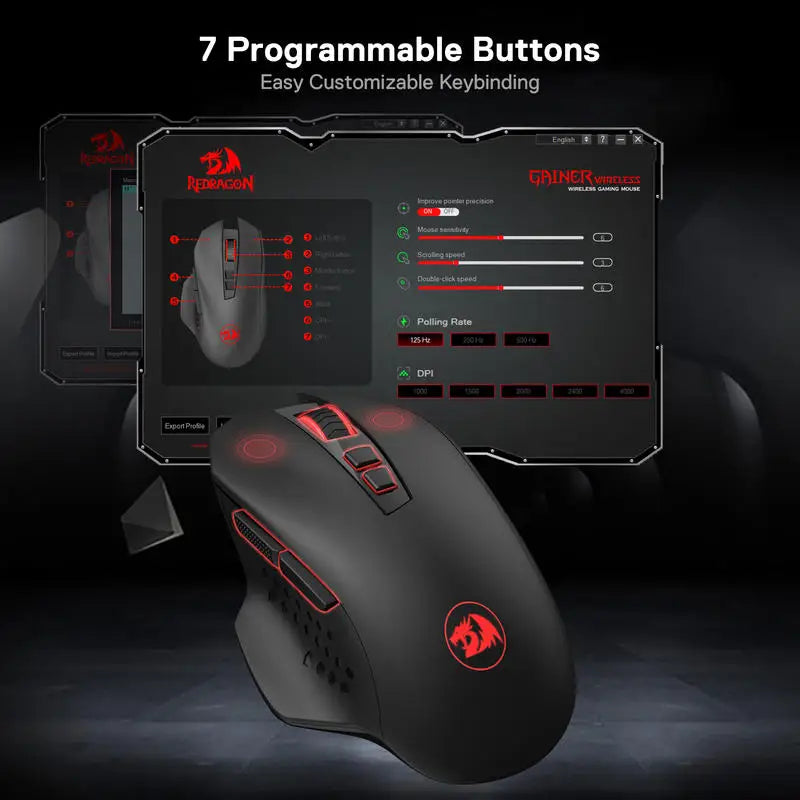 Redragon M656 Gainer Wireless Gaming Mouse, 4000 DPI 2.4Ghz Wireless Gamer Mouse w/ 5 DPI Levels, 7 Macro Buttons, Red LED Backl Lootquake LLC