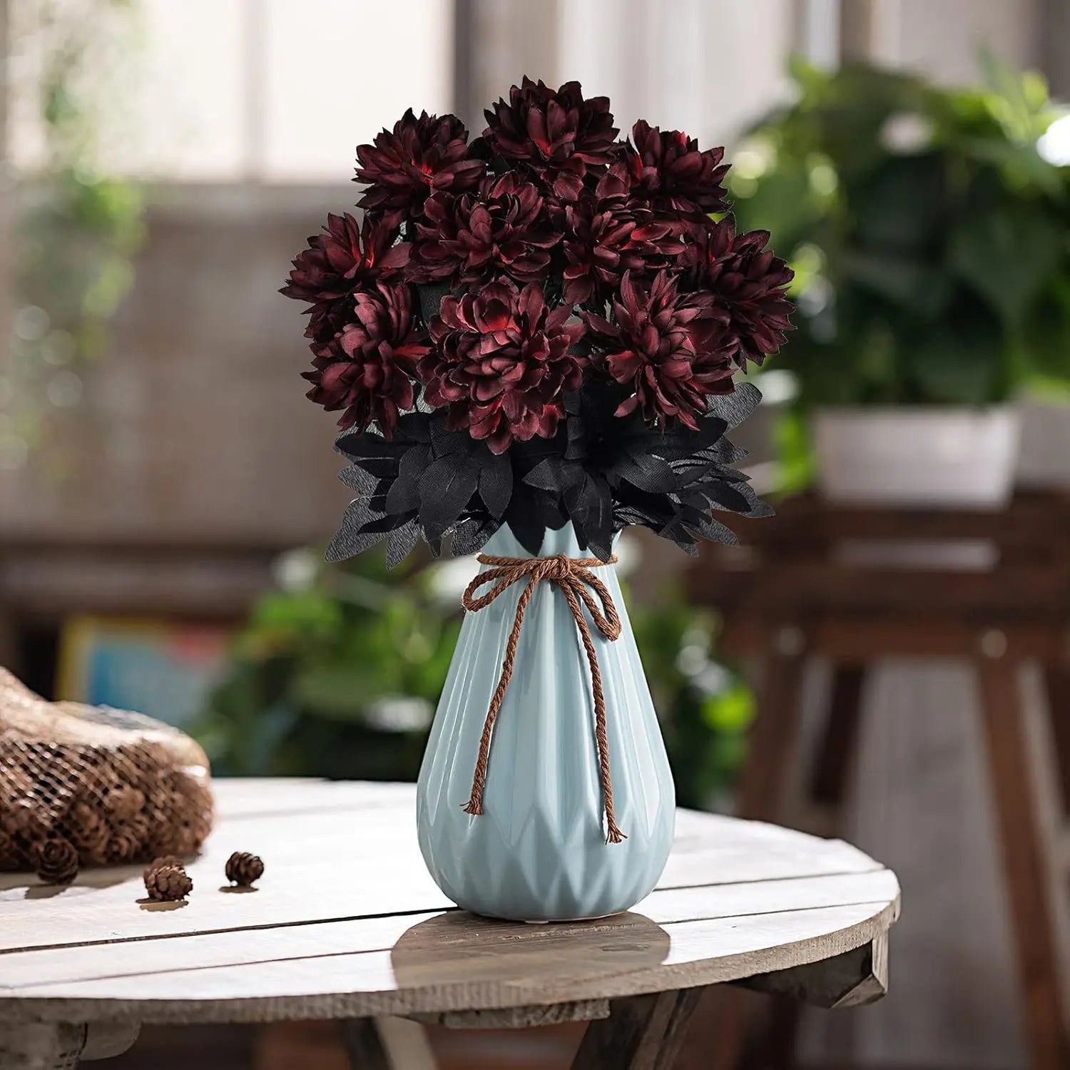 Halloween Decoration Burgundry Dahlia Black Artificial Flower Branch Arrangement Materials Fake Flower Table Home Party Decor Lootquake LLC