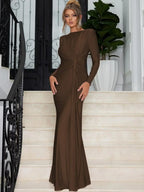 Dulzura Long Sleeves Shoulder Pad Ruched Maxi Dress Solid Elegant Prom Evening Party Long Dress Women’S Autumn Winter Outfit