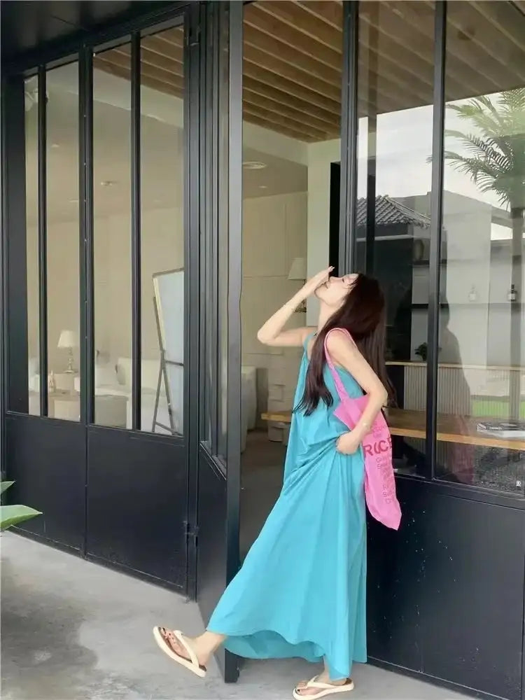 Summer Vacation Dress Thailand Style Open-back Halter Neck Age-reducing Photography Beach Long Dress Belted
