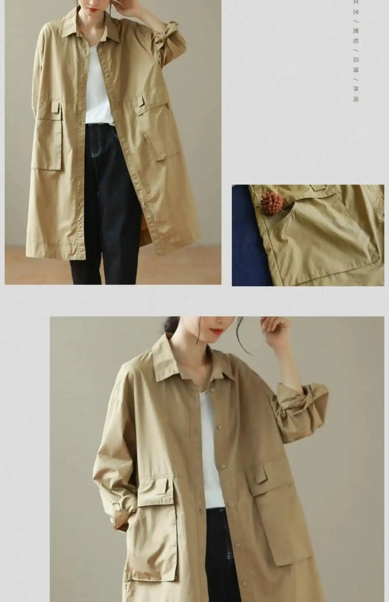 9290 Spring Fall Trench Coat Women Mid Length Windbreaker Single-breasted Double Pockets Casual Loose Overcoat Female Outerwear