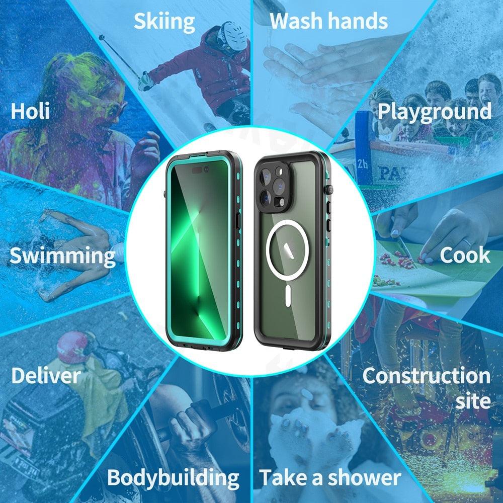 Waterproof Case For iPhone 14 Pro Max 14 Pro iPhone 13 Pro Max Protector Full Body Protective Dustproof Magnetic Phone Case Waterproof 360 Degree All-Round Protection with Built-in Screen Protector Outdoor Transparent  Shockproof Case Stevvex