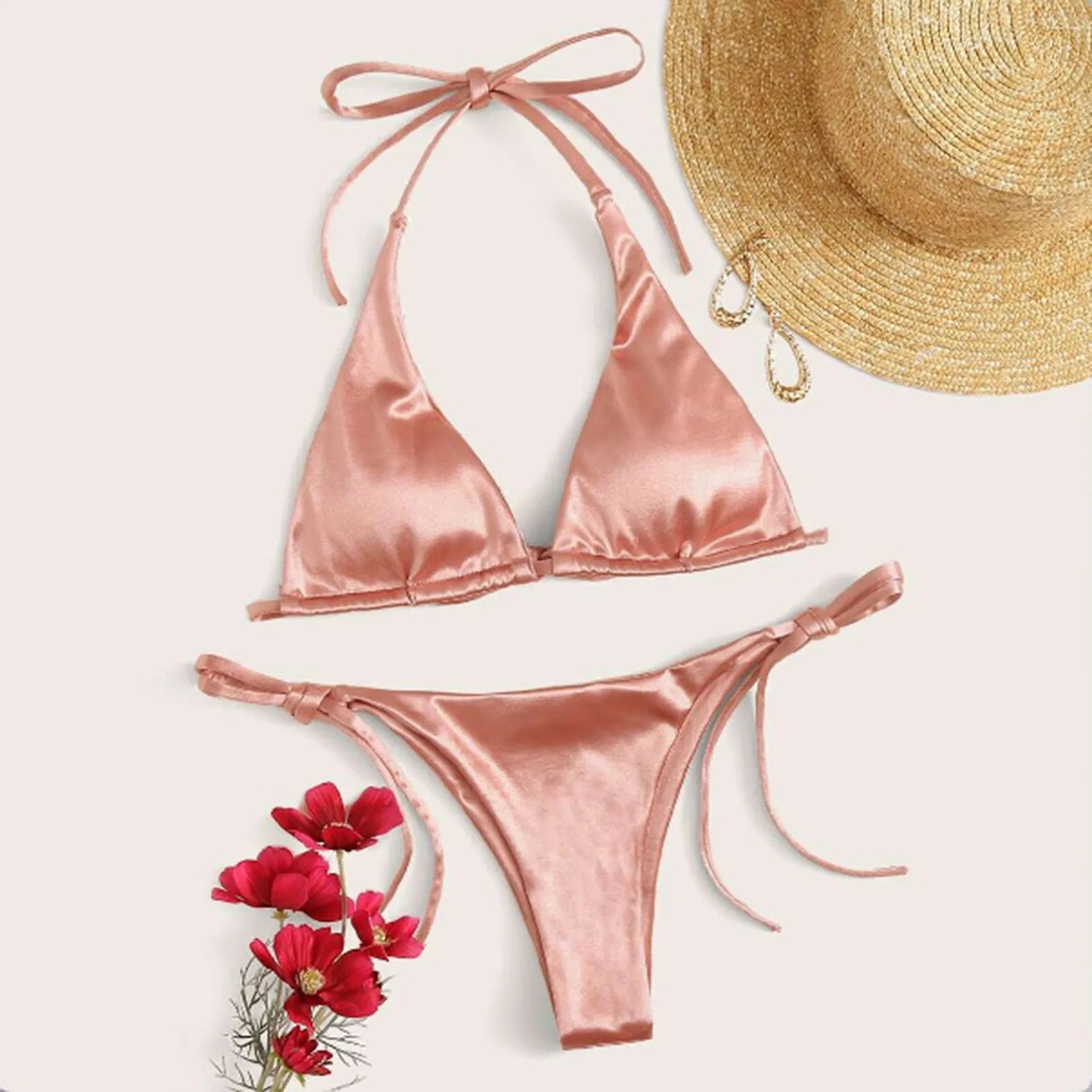 ShimmerWave: Luxe Satin Brazilian Bikini Set THRIXINE