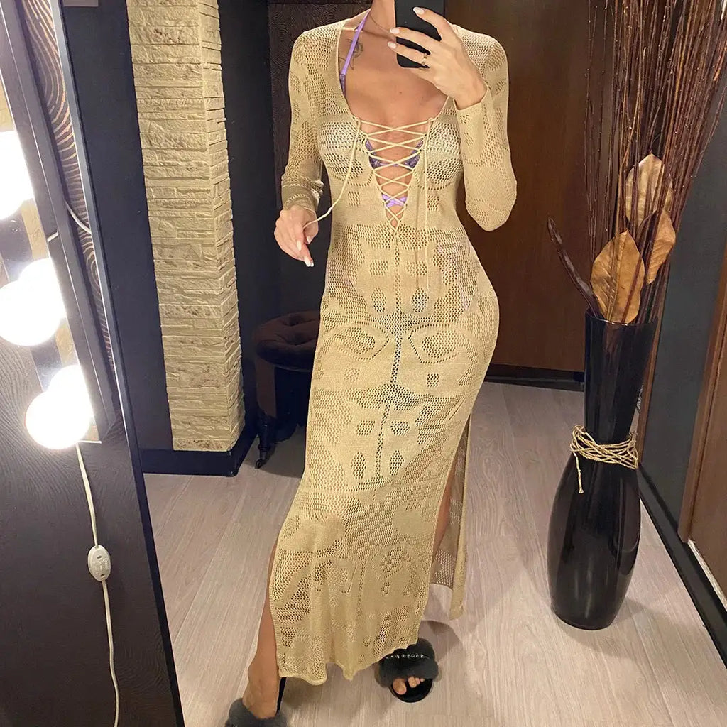Deep V Dress Lace Up Long Sleeve Women Split Maxi Dress Crochet Knitted Tunic Mesh Sheer Sexy Bodycon Long Dress Vestido V4146B