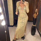 Deep V Dress Lace Up Long Sleeve Women Split Maxi Dress Crochet Knitted Tunic Mesh Sheer Sexy Bodycon Long Dress Vestido V4146B