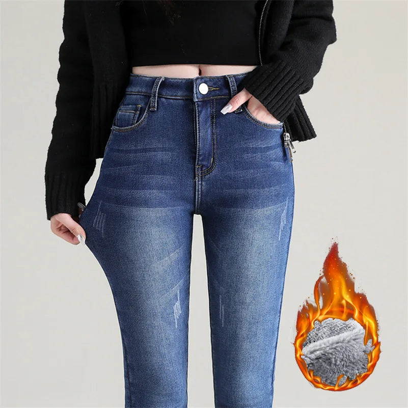 Women Thermal Jeans Winter Snow Warm Plush Stretch Jeans Lady Skinny Thicken Fleece Denim Long Pants Retro Blue Pencil Trousers Lootquake LLC