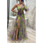 Elegant Oblique Shoulder Single-sleeve  Zipper High Slit Mesh Long Dress For Women Fashion Flower Decoration Party Dress Female