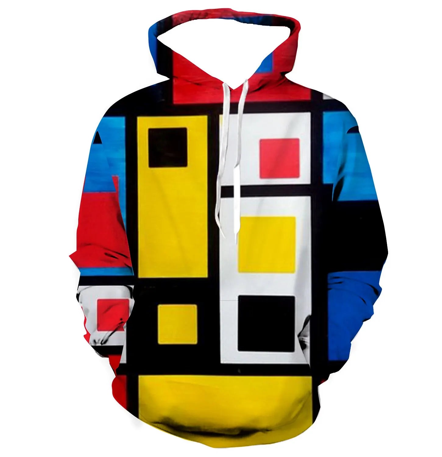 Men's Color Block Stitching Hooded Sweatshirt Geometric Print Spring And Autumn Loose Casual Polyester Fabric Top Pi-Mart